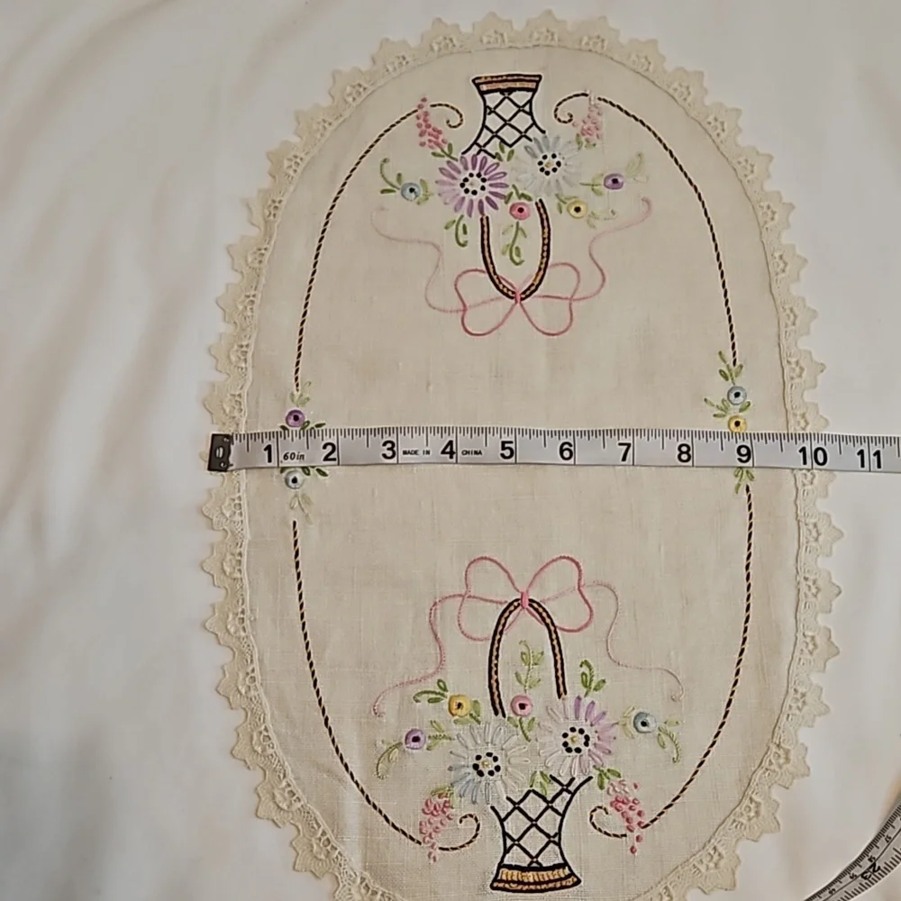 Vintage Hand Stitched Needlepoint Doily Oval Floral
